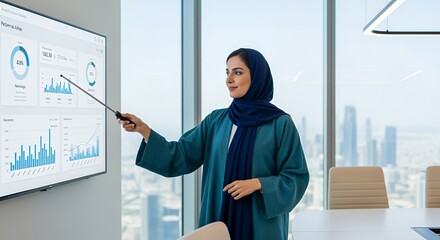 A businesswoman in a hijab confidently presents financial data on a large screen during a business meeting in a modern .