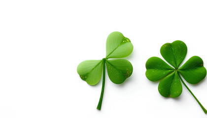 Fototapeta premium Four-leaf clover with golden sparkles, minimal composition, white background, modern lucky symbol
