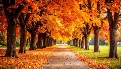 An autumn path lined with trees displaying vibrant orange and yellow foliage.