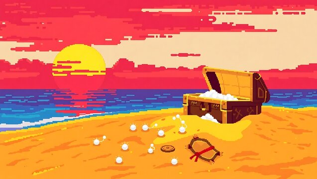 8-bit pixel art of a treasure box buried halfway in golden sand, with scattered pearls and doubloons under a crimson sunset sky