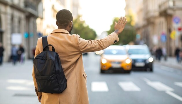 African man hailing taxi on city street Transportation with commuting, and urban life concept.
