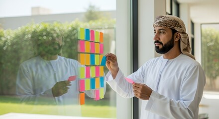 A man in traditional Middle Eastern attire thoughtfully plans using colorful sticky notes on a glass wall.