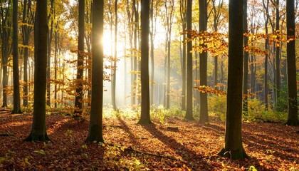 Fototapeta premium Sunlight streams through tall trees in a vibrant autumn forest, creating a beautiful scene.