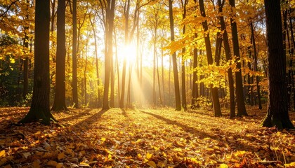Obraz premium Sunlight streams through a forest of golden trees on a crisp autumn day.