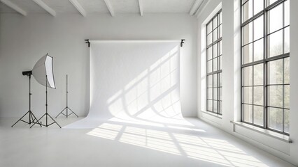 Obraz premium Bright photography studio with large windows and soft lighting