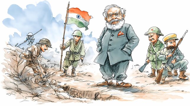 Indian politics and war cartoon illustration with soldiers and leader
