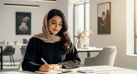 A young woman in a hijab thoughtfully writes in a notebook at a modern workspace, showcasing a calm and focused atmosphere.