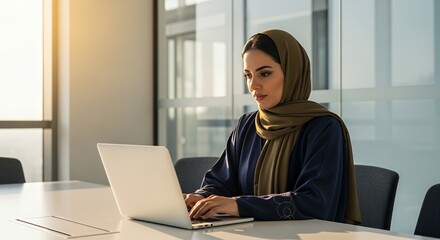 A young woman wearing a hijab works diligently on her laptop in a modern, sunlit .