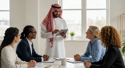 A diverse group of professionals attentively listens as a man in traditional Middle Eastern attire presents information using a tablet during a business meeting.