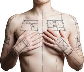 Human anatomy superimposed with architectural blueprint lines and floor plans isolate architecture design