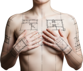 Human anatomy superimposed with architectural blueprint lines and floor plans isolate architecture design