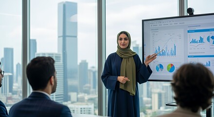 A businesswoman in a hijab confidently presents financial data to colleagues during a modern meeting.