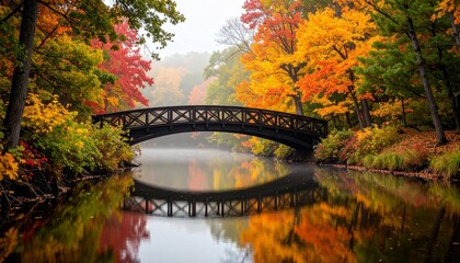 Autumnal wooden bridge over a calm river, reflecting vibrant fall foliage.