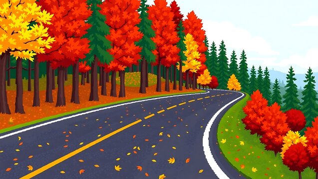 8-bit pixel art of a winding road through a forest with tall pixel trees in fall colors, scattered leaves across asphalt, classic game-style color scheme