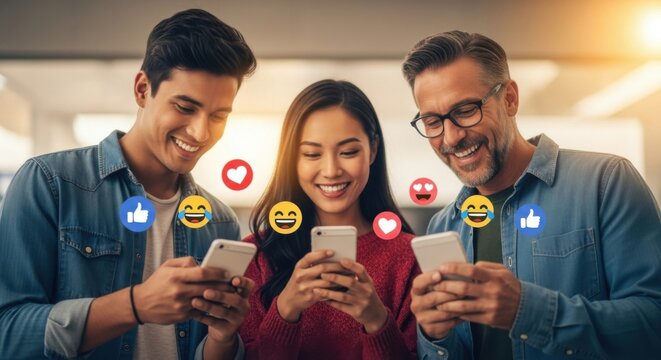 People enjoying social media and mobile communication with emoji reactions - Powered by Adobe