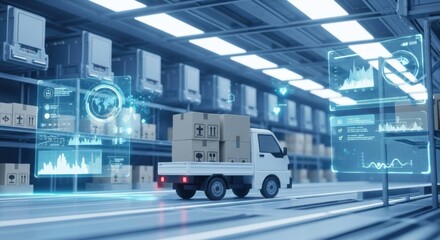 Futuristic Warehouse: Autonomous Delivery Truck with Holographic Data Displays, Streamlined Logistics