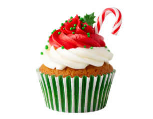  Christmas Cupcake with Red Frosting and Candy Cane Topper, Front View, Transparent Background.