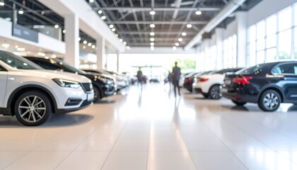 Blurred view of a spacious car showroom with rows of vehicles and people walking