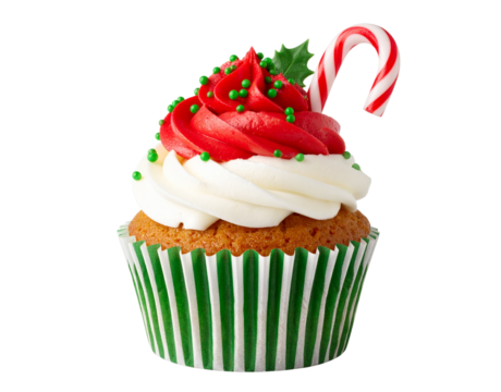 Christmas Cupcake with Red Frosting and Candy Cane Topper, Front View, Transparent Background.