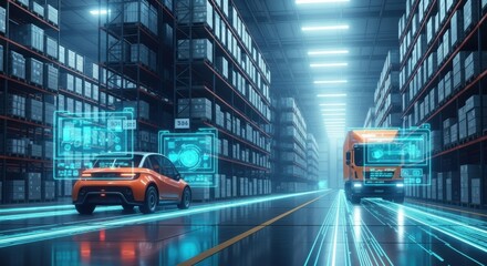 Futuristic Warehouse Logistics: Autonomous Vehicles and Data Visualization in a Modern Distribution Center