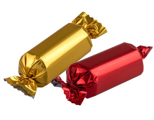   Crinkled Foil Candy Wrapper with Bright Colors and Glossy Finish, Front View, Transparent Background.
