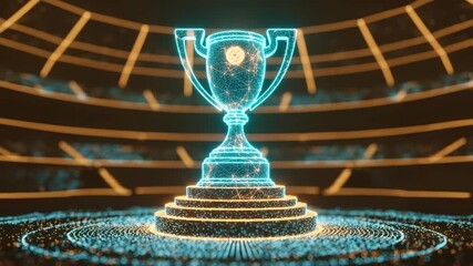 A glowing holographic trophy on a digital pedestal in a futuristic stadium surrounded by shimmering lights and a captivated audience symbolizing victory and achievement in sports - Powered by Adobe