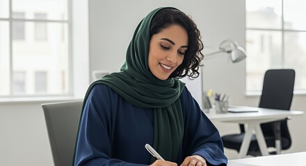 A young woman in a hijab sits at a desk, thoughtfully writing in a notebook, showcasing a calm and focused work environment.