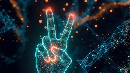 A futuristic representation of a hand making a peace sign surrounded by glowing digital networks and particles symbolizing technology and harmony in a vibrant abstract background - Powered by Adobe