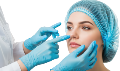 A medical professional in blue gloves and gown examines a woman's face both wearing surgical caps examination transparent background