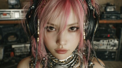 a cyberpunk Japanese female singer in a futuristic recording studio, facing camera directly