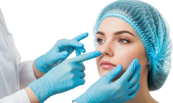A medical professional in blue gloves and gown examines a woman's face both wearing surgical caps examination transparent background