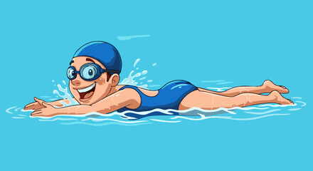 Joyful Child Swimming the Freestyle Stroke in a Pool