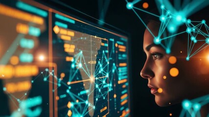 A focused woman analyzing complex data visualizations on a computer screen surrounded by glowing network connections symbolizing technology and innovation in a modern workspace - Powered by Adobe