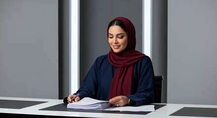 A focused businesswoman in a burgundy hijab meticulously reviews important documents at her desk, showcasing professionalism and dedication.
