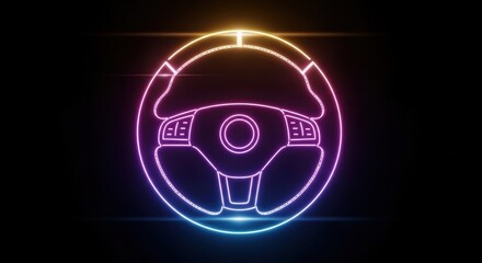 Neon Steering Wheel: Gradient Glow, Futuristic Car Interface, Black Background