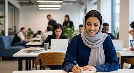 A young woman in a hijab thoughtfully takes notes in a modern, busy co-working space, surrounded by other professionals working on their laptops.