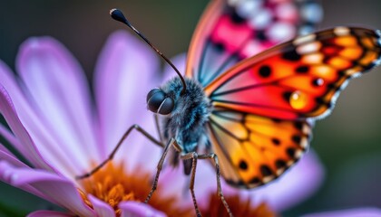 Naklejka premium High-resolution macro of a butterfly resting on a flower, capturing the vibrant scales and textures of its colorful wings 2
