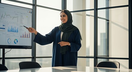 A confident businesswoman in a hijab presents data analysis on a large screen during a meeting.