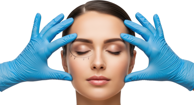 Woman's face framed by hands wearing blue medical gloves with surgical markings around one eye isolate