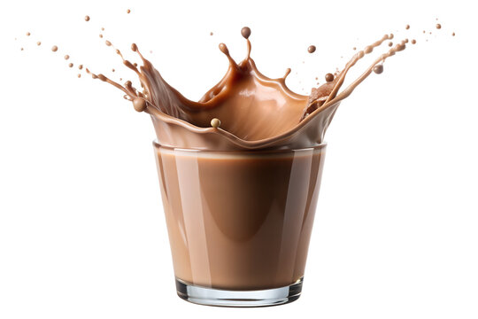 An energetic splash of chocolate milk exploding from a glass, frozen in time on a transparent background