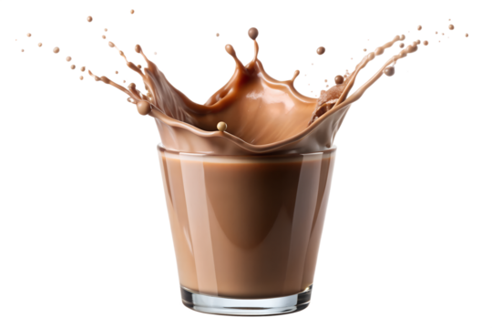 An energetic splash of chocolate milk exploding from a glass, frozen in time on a transparent background