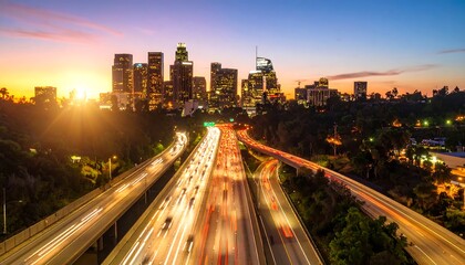 City highway sunset panorama