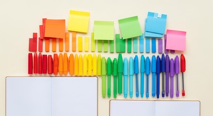 Fototapeta premium Overhead shot of colorful pens crayons sticky notes and open notebooks on a light background