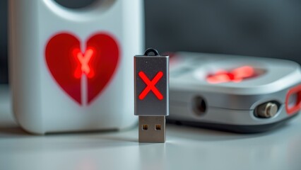 Image features USB device with red X symbol, alongside heart shaped device and another electronic gadget, emphasizing theme of cybersecurity