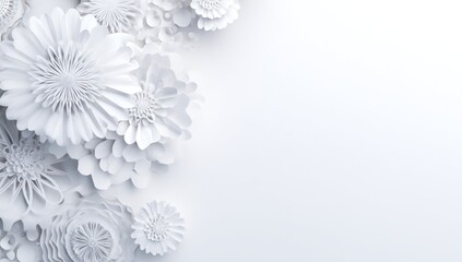 Delicate white paper flowers cluster in the top left, creating a textured border against a clean, solid white background with ample empty space