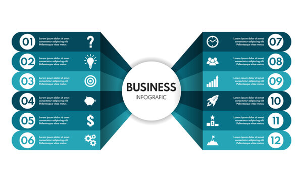 12 options business infographic, steps to success, blue rounded arrows template, year progress presentation mockup, vector illustration