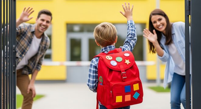 A young boy with a backpack waving goodbye to his parents at the school entrance on a sunny day