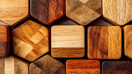Close-up of interlocking wooden shapes, mostly hexagonal and square, displaying various wood grains and natural warm tones