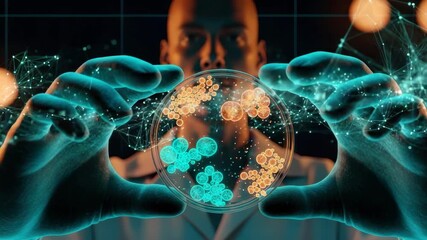 A scientist in a lab coat holds a glowing petri dish filled with colorful microorganisms surrounded by a digital interface displaying data and scientific graphics in a modern laboratory - Powered by Adobe