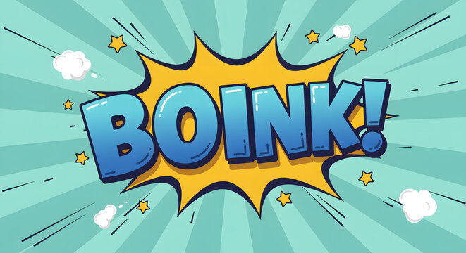 Blue Comic Word Art with Exclamation Point on Teal Background